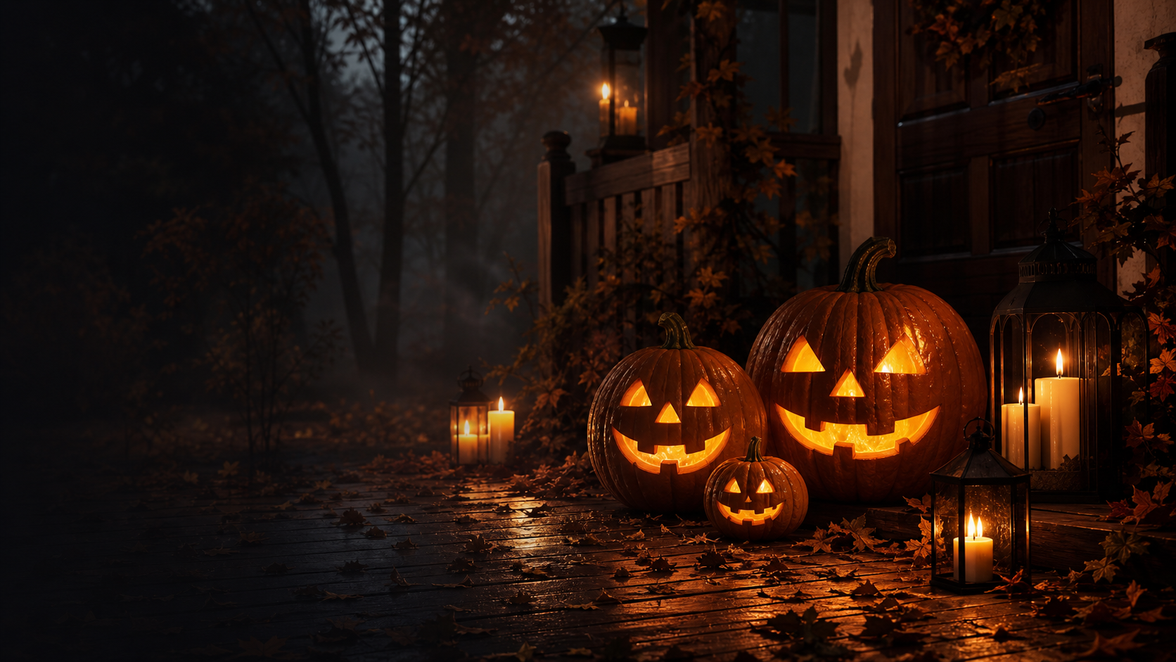 Halloween symbols including a jack-o-lantern, bats and black cat